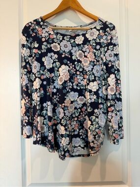 Cupio Floral 3/4 Sleeve Knit Top Navy Blue Pink Women's XL